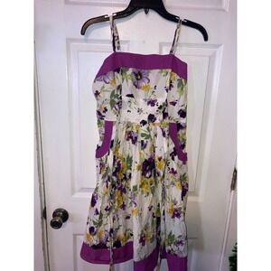 JFW Floral Dress Purple Yellow White Cotton Square Neck Spaghetti Strap Size 7‎
